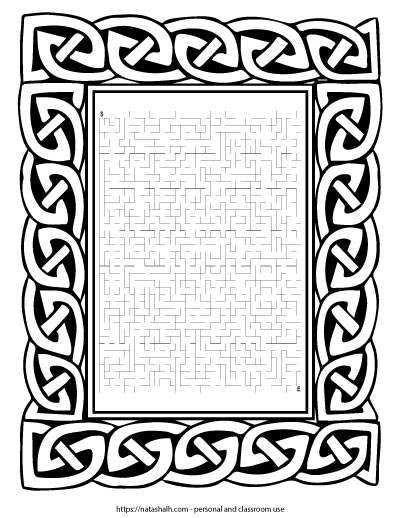 Free printable difficult St. Patrick's Day maze inside a Celtic knot frame