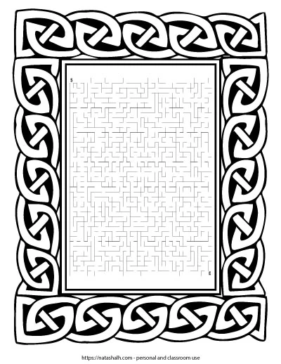 Free printable difficult St. Patrick's Day maze inside a Celtic knot frame