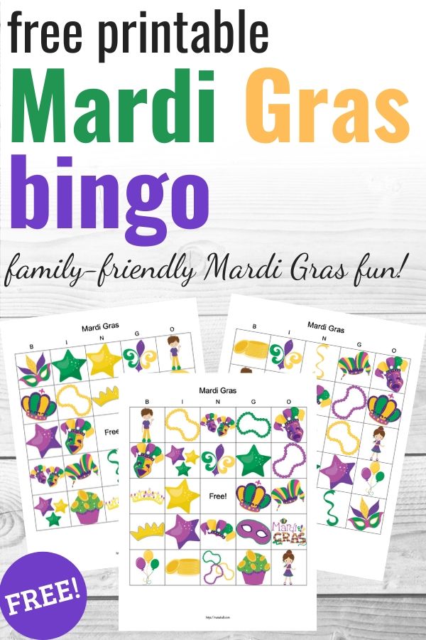 text "free printable Mardi Gras bingo - family-friendly Mardi Gras fun!" with a preview of three Mardi Gras picture bingo cards