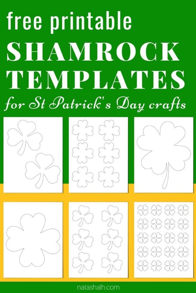 text "Free printable shamrock template" on a green and gold background with six printable shamrock and four leaf clover templates