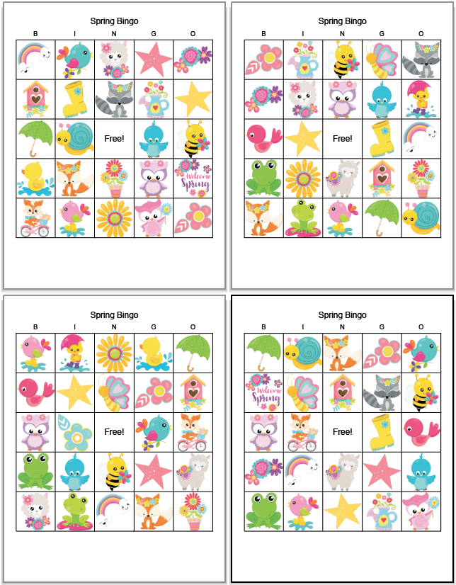 four printable spring bingo cards featuring cartoon spring animals and flowers