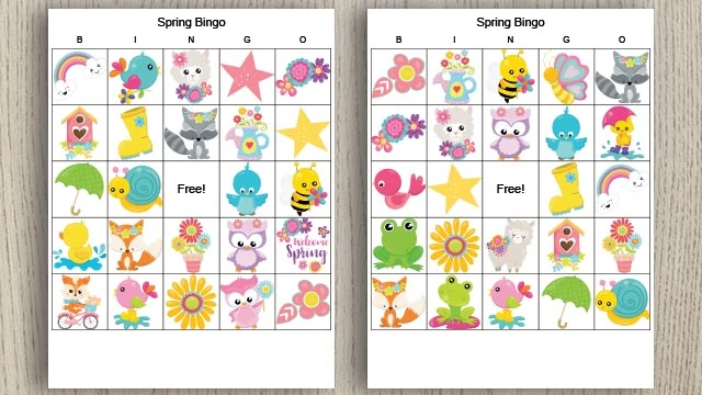 Two free printable spring bingo cards on a wood background. The images are cartoons of animals and flowers. 