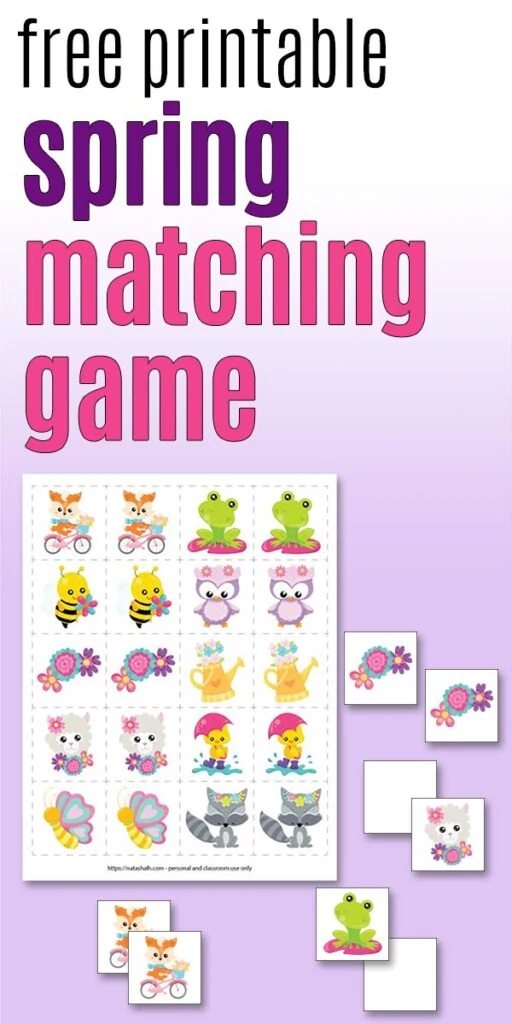 "free printable spring matching game for kids" on a purple background with a preview image of the memory cards with cute spring animals and flowers