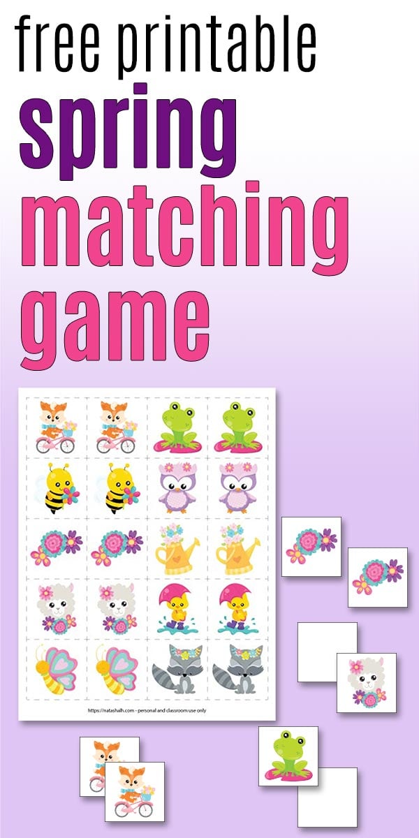 text "free printable spring matching game" with a preview of a printable matching game for kids