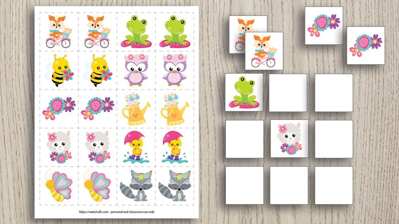 free printable spring memory game featuring cute cartoon spring animals and flowers