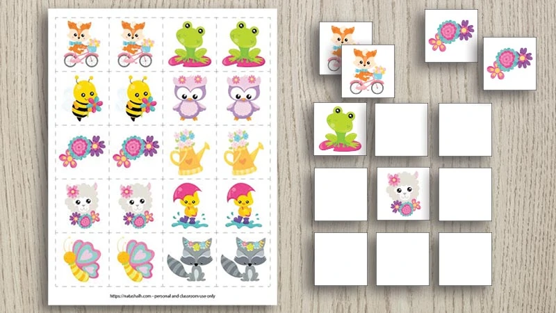 free printable spring memory game featuring cute cartoon spring animals and flowers