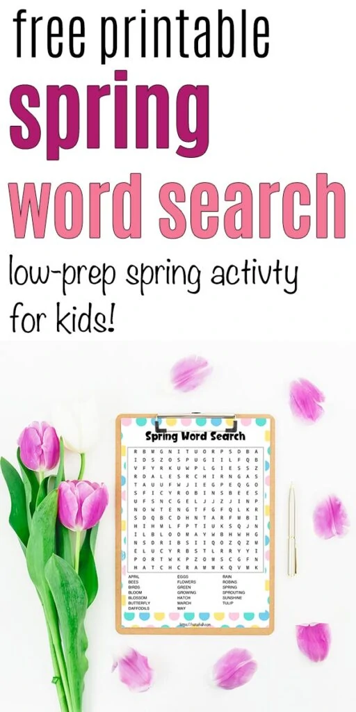 Text "free printable spring word search - low-prep spring activity for kids" with a word search on a clipboard surrounded by tulips