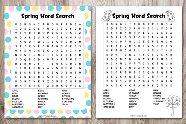 A preview of two spring word searches on a wood background. One has pastel dots in the background and the other word search for spring is in black and white with coloring elements.