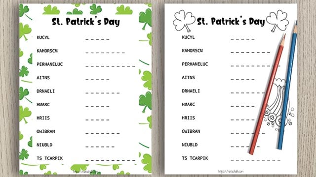Two printable St. Patrick's Day word scrambles for kids on a wood background.