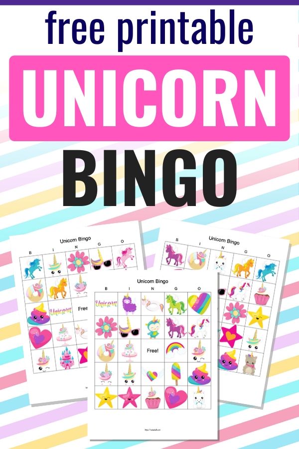 text "free printable unicorn bingo" on  a rainbow stripe background with three printable unicorn bingo cards
