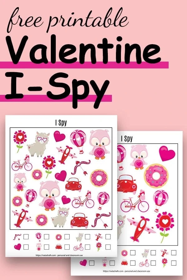 Text "free printable Valentine I-Spy" with a preview of two printable I Spy game with cartoon Valentine's images