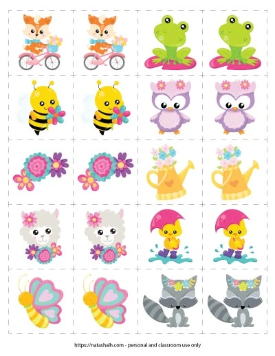 Preview of a spring memory card/marching card game with 10 different spring animal and flower cartoon images