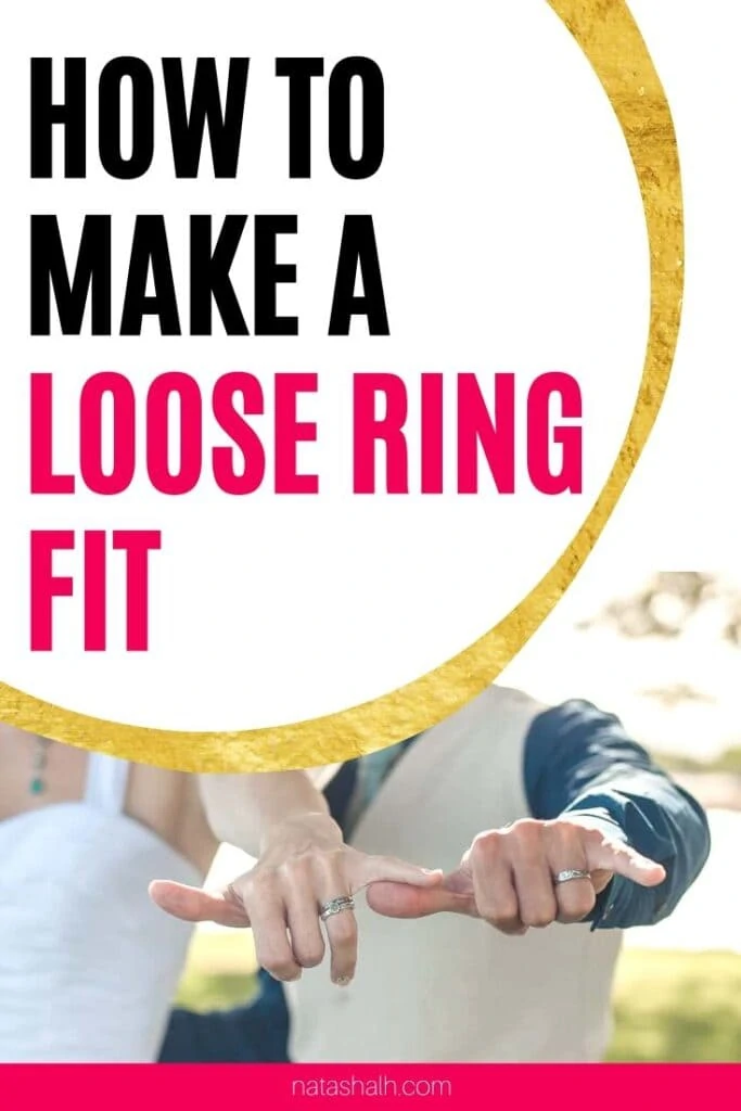Text "how to make a loose ring fit" with a picture of a newlywed couple's hands and rings.