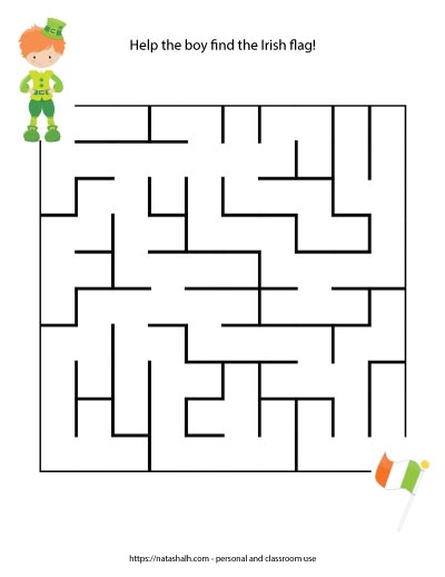 Printable St. Patrick's Day maze for children with an Irish boy and Irish flag