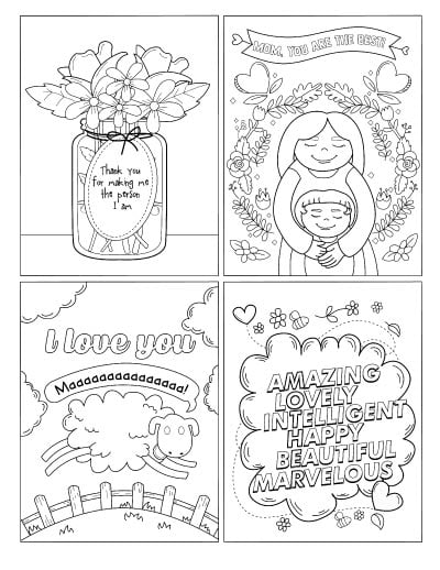 A set of four free printable Mother's Day postcards to color. One has flowers, another has a mother with her child, the third has a sheep, and the fourth has word art with adjectives describing a mom