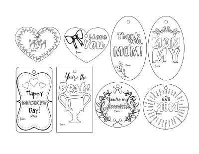 8 printable Mother's Day gift tags to color. Two are rectangles, two are circles, two are ovals, and two are hearts. 