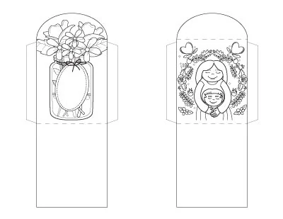 Coloring page tea bag wrapper printables for Mother's Day. One has a jar of flowers and the other has a mother with her child