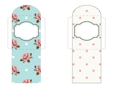 Feminine printable tea bag wrappers. One is blue with roses and other other is cream with pink dots.