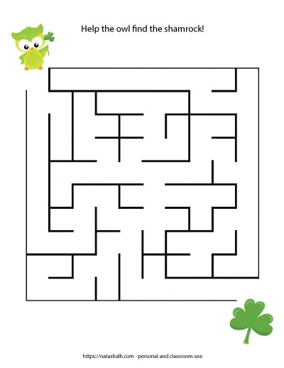 St. Patrick's Day maze printable for kids with a green owl and a shamrock