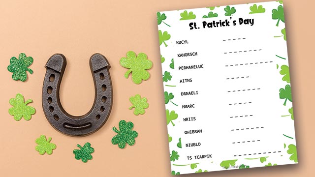 St. Patrick's Day word scramble printable next to a horseshoe and shamrocks