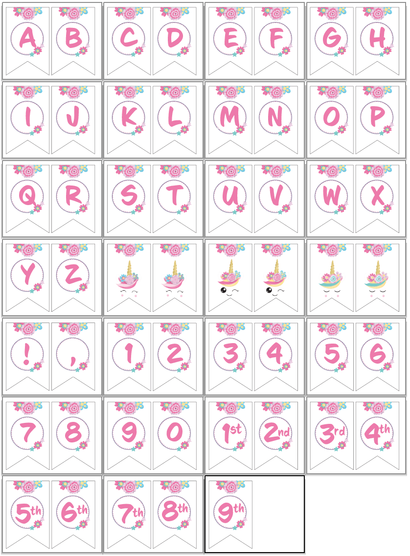 unicorn banner printable with full alphabet and numbers. The letters are in pink and there are pink and blue flowers on each pendant.