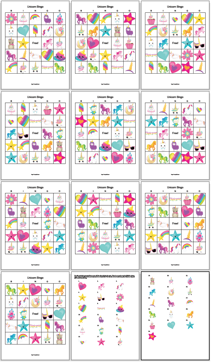 10 free printable unicorn party bingo games with two calling cards. The games feature cartoon unicorns, rainbows, stars, and hearts.