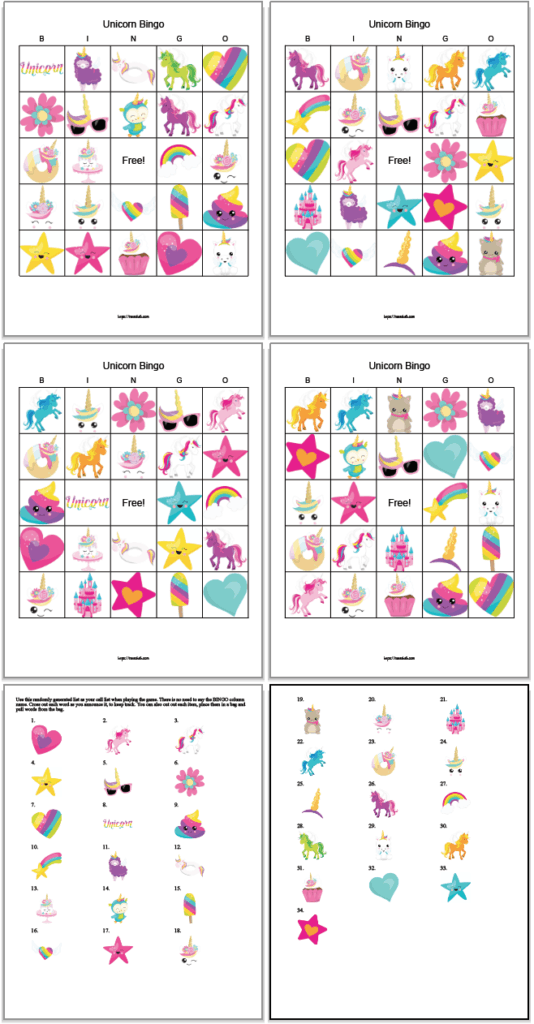 four printable unicorn bingo boards with cute unicorn illustrations. There are also two printable calling cards with the unicorn pictures.