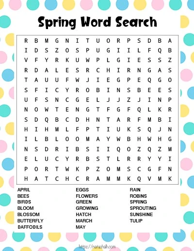A spring printable word search with 20 spring-related words to seek and find. The background is green, yellow, pink, and blue dots