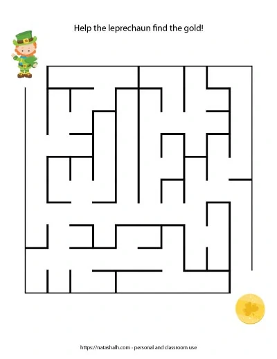 Printable easy St. Patrick's Day Maze with a leprechaun 