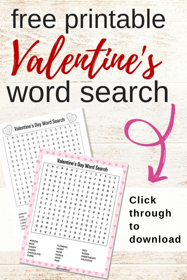 Text "free printable Valentine's word search - click through to download" with a pink arrow and a preview of a free printable word search featuring Valentine's Day words