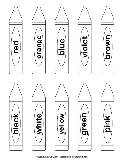 10 black and white crayons to color with color labels. Labels include red, orange, blue, violet, brown, black, white, yellow, green, and pink 