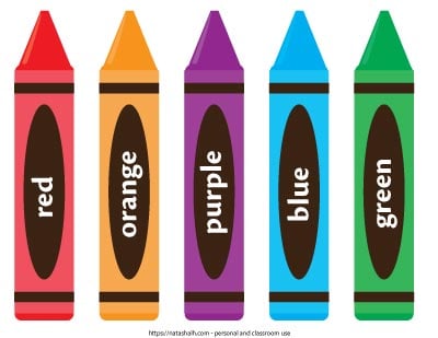 five printable crayon templates. They are colored and labeled: red, orange, purple, blue, and green