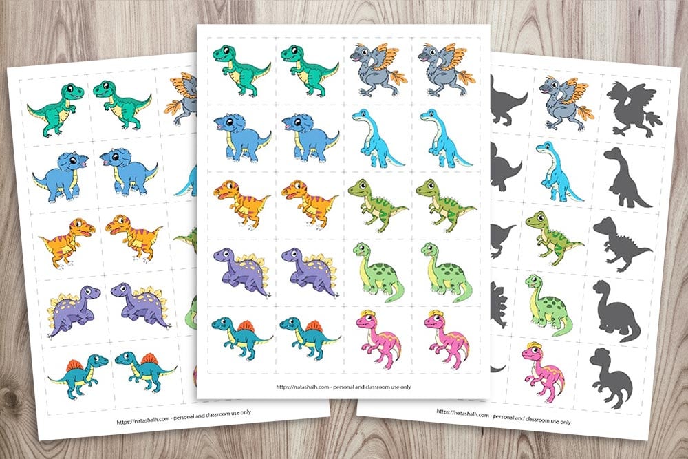 dinosaur matching cards on a wood background. They feature 10 popular dinosaurs: Tyrannosaurus RexTriceratopsVelociraptorStegosaursSpinosaurusArchaeopteryxBrachiosaurusAllosaurusApatosaurusDilophosaurus