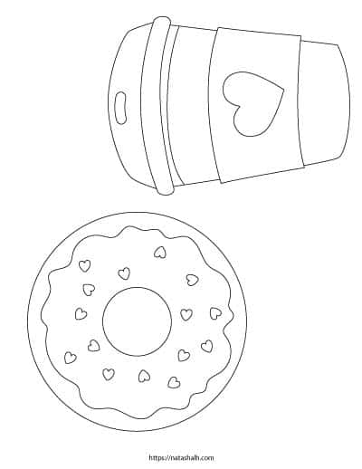 free printable donut coloring page with a cup of coffee and a donut with heart sprinkles 