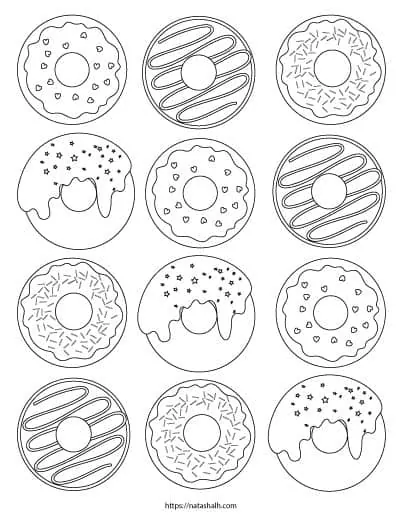 A coloring page with a dozen doughnuts to color. The donuts have icing and sprinkles.