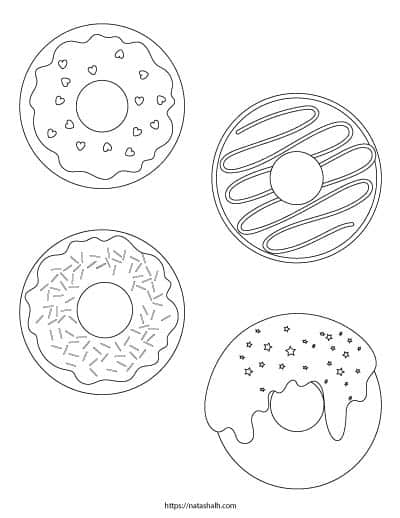 A coloring page with four donuts to color. One has heart sprinkles, another has icing, one has basic sprinkles and the other has dripping icing with star sprinkles. 