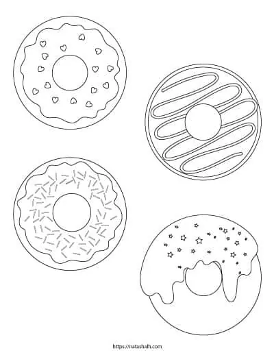A coloring page with four donuts to color. One has heart sprinkles, another has icing, one has basic sprinkles and the other has dripping icing with star sprinkles. 