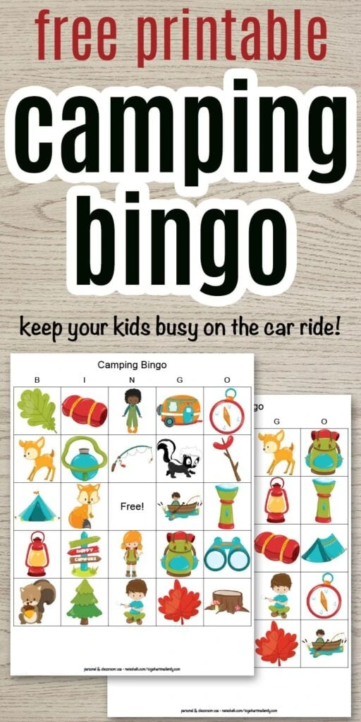 free printable camping bingo - keep your kids busy on the car ride to camp! With a preview of two printable picture bingo cards featuring campground cartoon images.