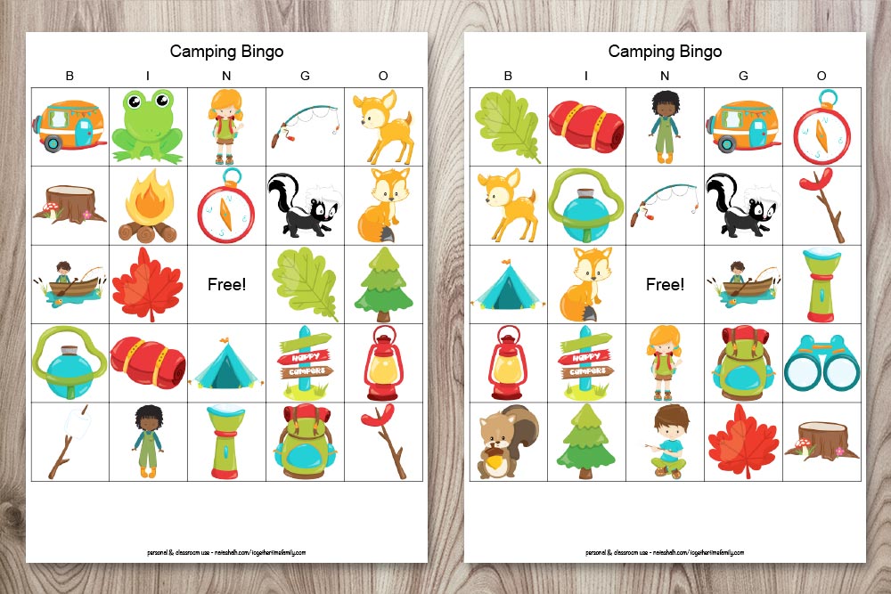 two free printable camping bingo boards on a wood background