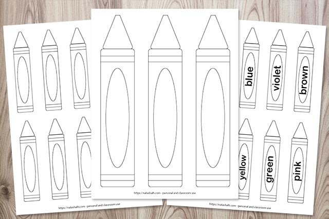 printable crayon template previews on a wood background. One sheet has three large printable crayons, one has 10 blank crayon templates, and one has 10 labeled black and white crayons to color