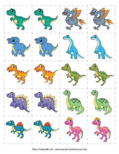 Free printable dinosaur matching game featuring 10 different cartoon dinosaur images.