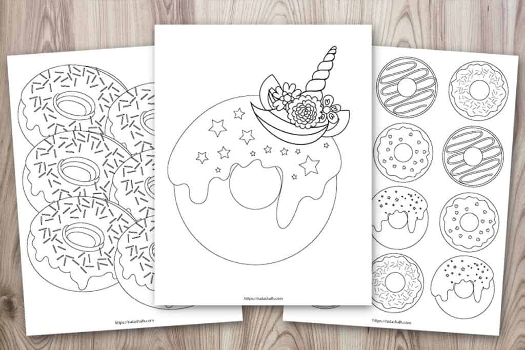 Three free printable donut coloring pages. One has six donuts, one has a dozen donuts, and one is a unicorn donut coloring page