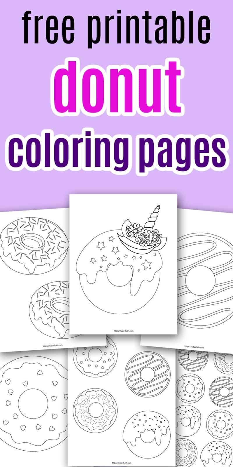 Text "Free printable donut coloring pages" on a purple background with a preview of 6 printable donut coloring sheets, including a unicorn donut