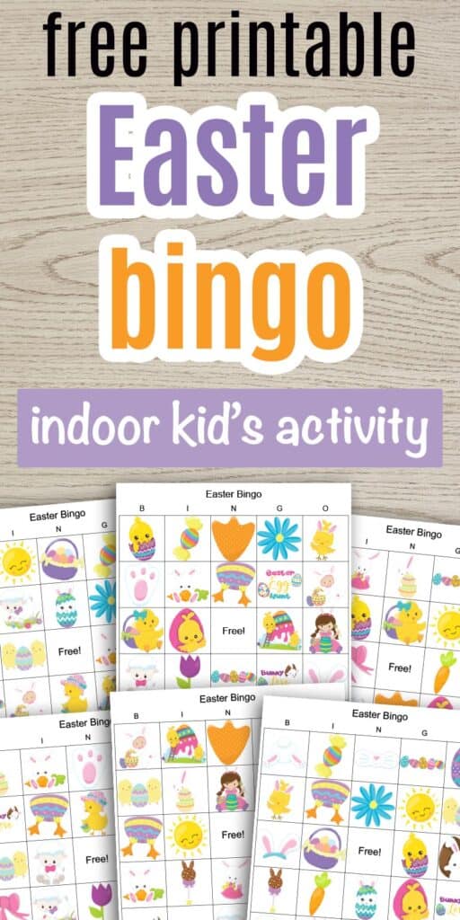 text "free printable Easter bingo indoor kid's activity" with a preview of six free printable Easter picture bingo boards