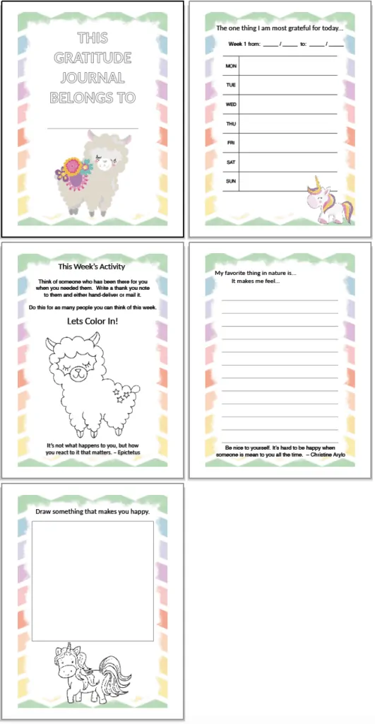 Free printable gratitude journal for kids. Each page has a colorful rainbow border. There is a journal page, a coloring page, and a drawing prompt with a unicorn to color.