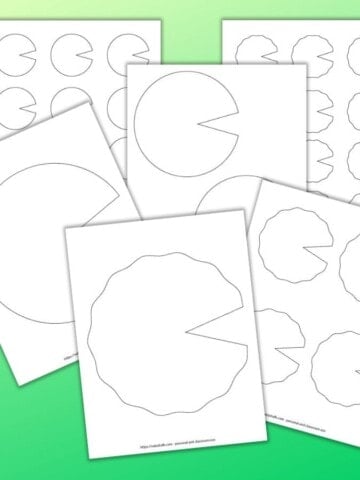6 printable lily pad templates on a green background. The templates range from full page to small with 12 on a page. There are smooth and wavy edged lily pads.