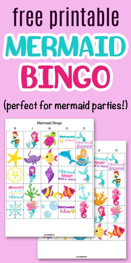text "free printable mermaid bingo" on a bingo background with two printable mermaid picture bingo boards