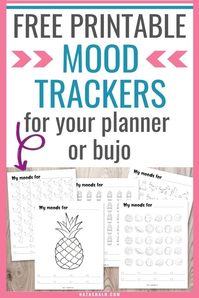 text "free printable mood trackers for your planner or bujo" with a preview of four printable mood trackers
