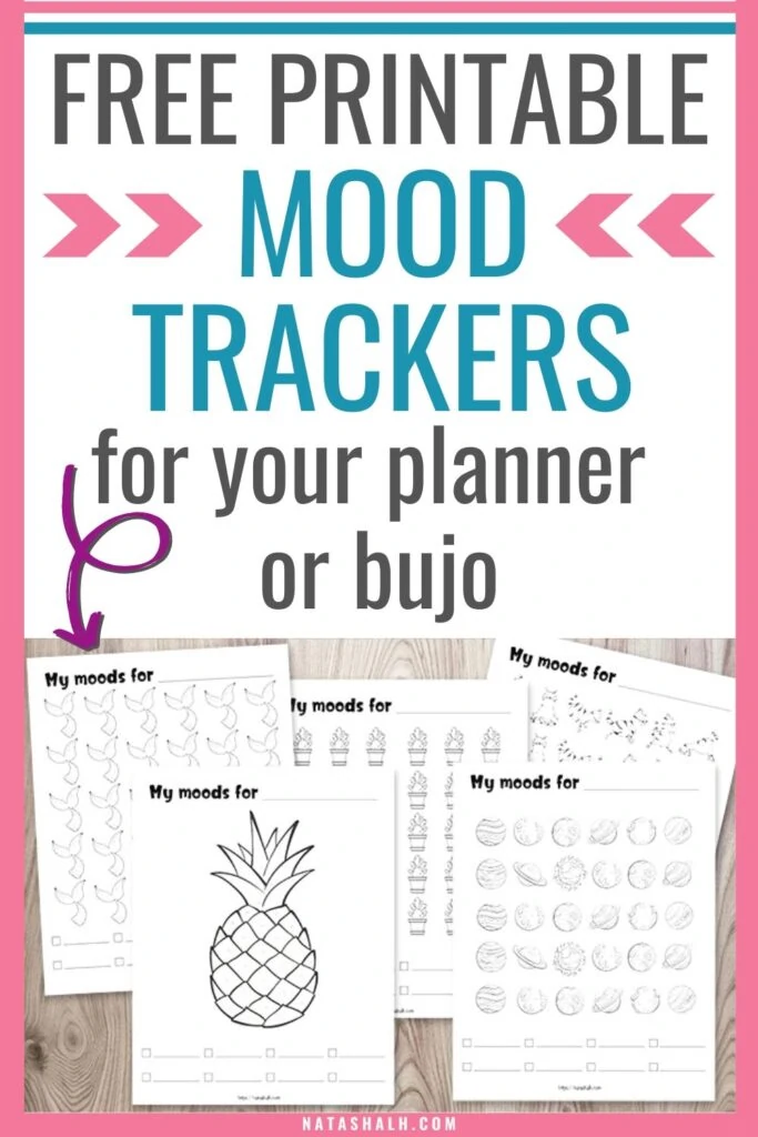 text "free printable mood trackers for your planner or bujo" with a preview of four printable mood trackers