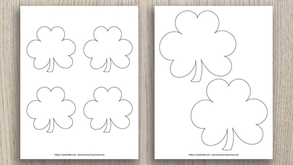 preview of two free printable shamrock templates on a wood background. One template has two medium shamrocks and the other has four smaller shamrocks